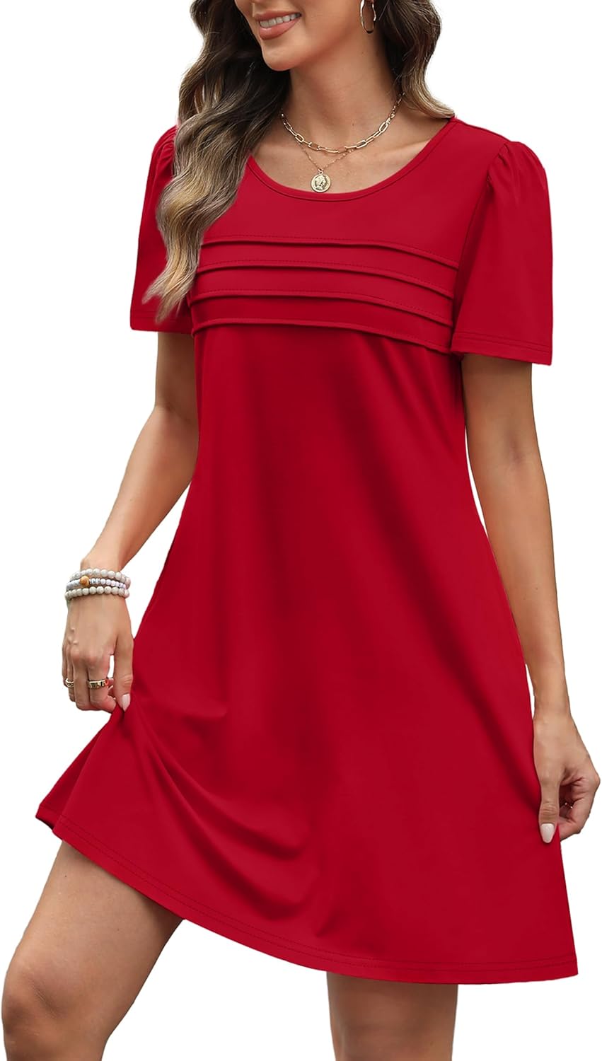 OFEEFAN Womens Pleated Front Dresses Fashion Spring Puff Sleeve Pockets Sundress Casual Summer - Image 4