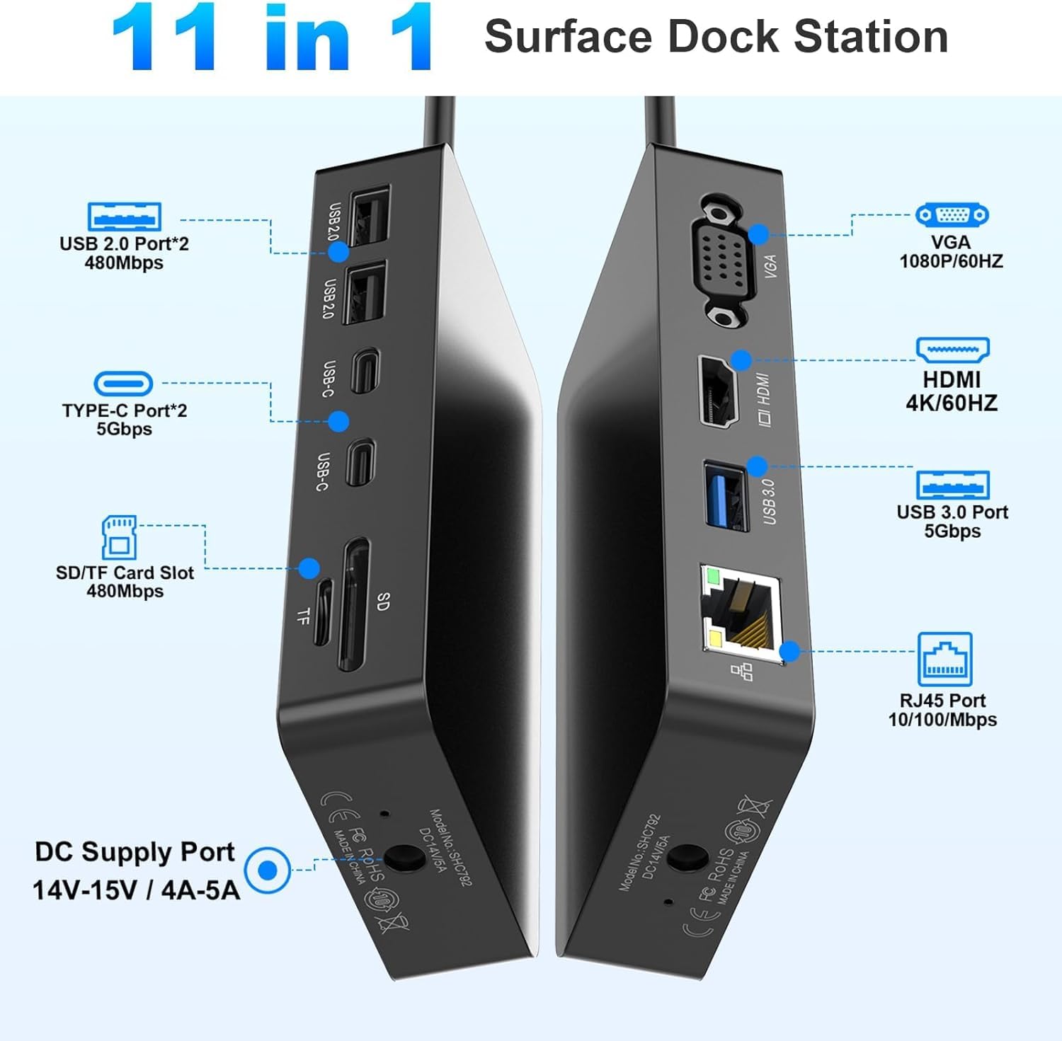 Ms Surface Dock 2, Surface Docking Station,11 in 1 Surface Dock HDMI +VGA für Surface Pro 11/10/9/8/X/7/6/5/4/3, Surface Laptop 7/6/5/go/4/3/2/1, Surface Book 3/2/1