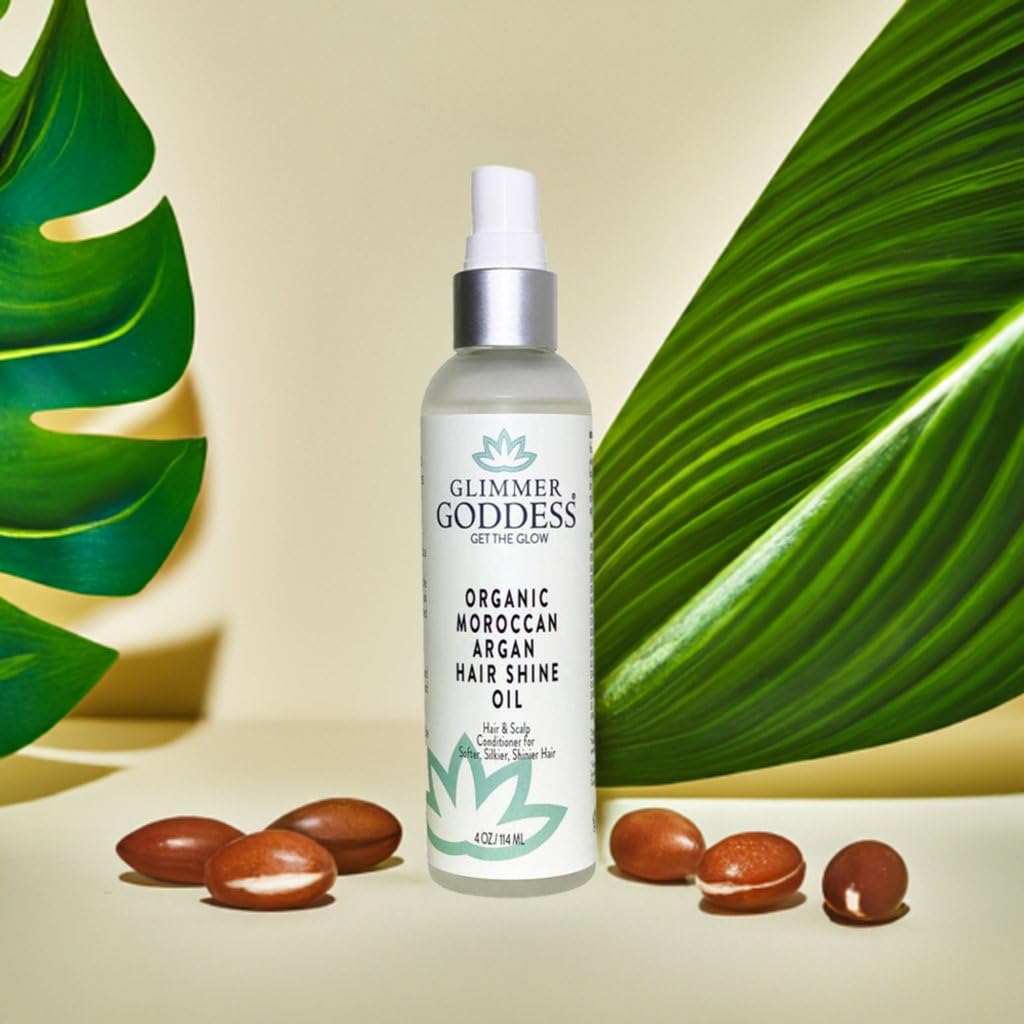GLIMMER GODDESS Organic Hair Shine Spray with Moroccan Argan Oil, 4 oz