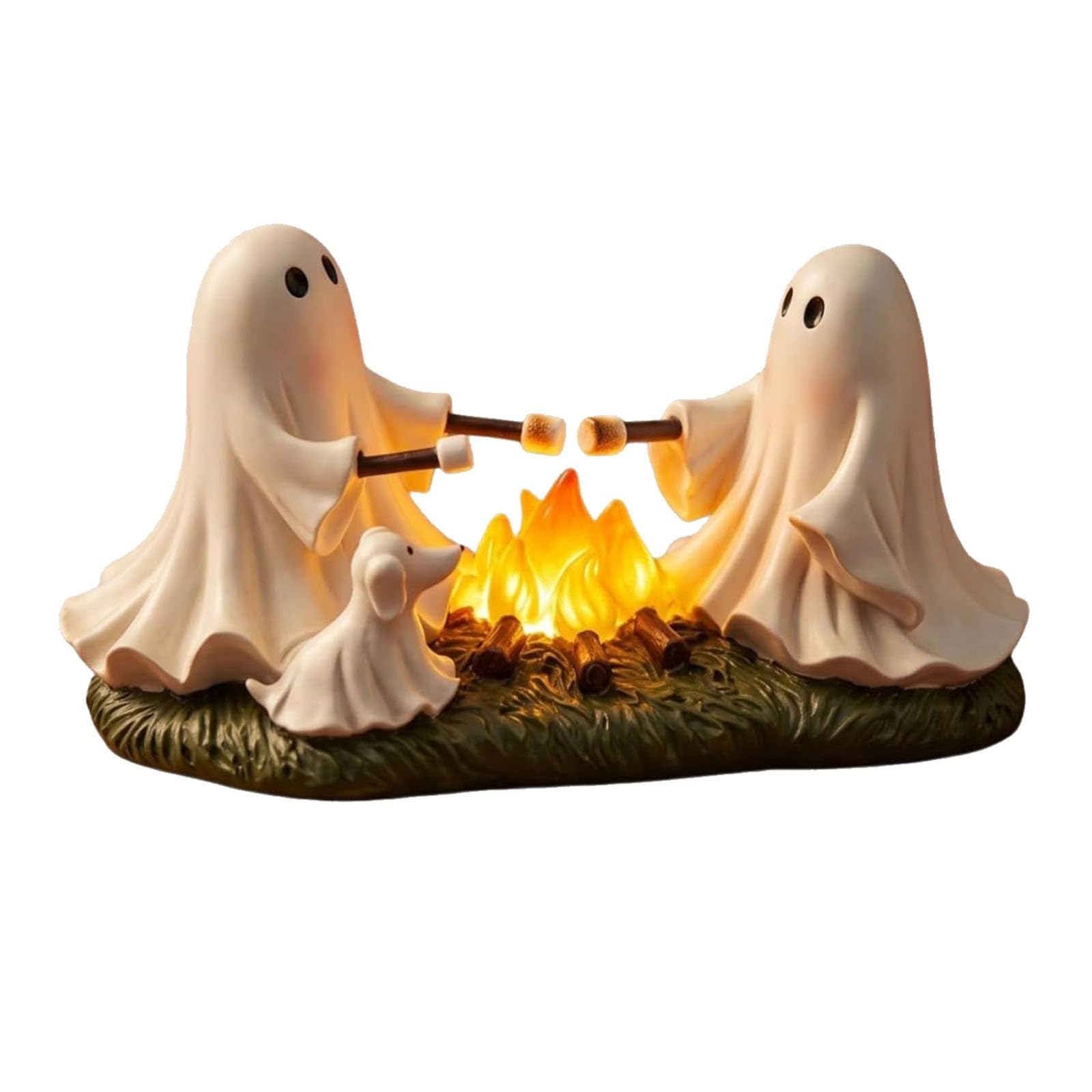 Halloween Ghost Campfire Light, Cute Spooky Two Ghosts with Ghost Dog Campfire Resin Lamp, Halloween Tabletop Mantel Shelf Decor, Fall Holiday Indoor Desktop Ornament Gift