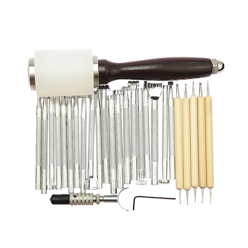 jianyana 27PCS/Set Manual Leather Craft Carving Stamp Hammer Embossing Beveler Tools Kit
