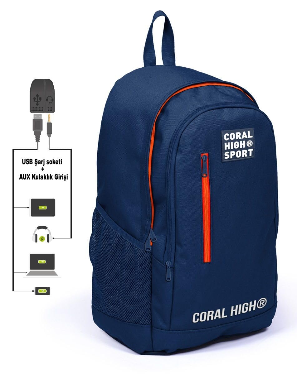 Coral High Sport Lacivert Üç Bölmeli Usb Şarjlı Kulaklık Çıkışlı Sırt Çantası 23232