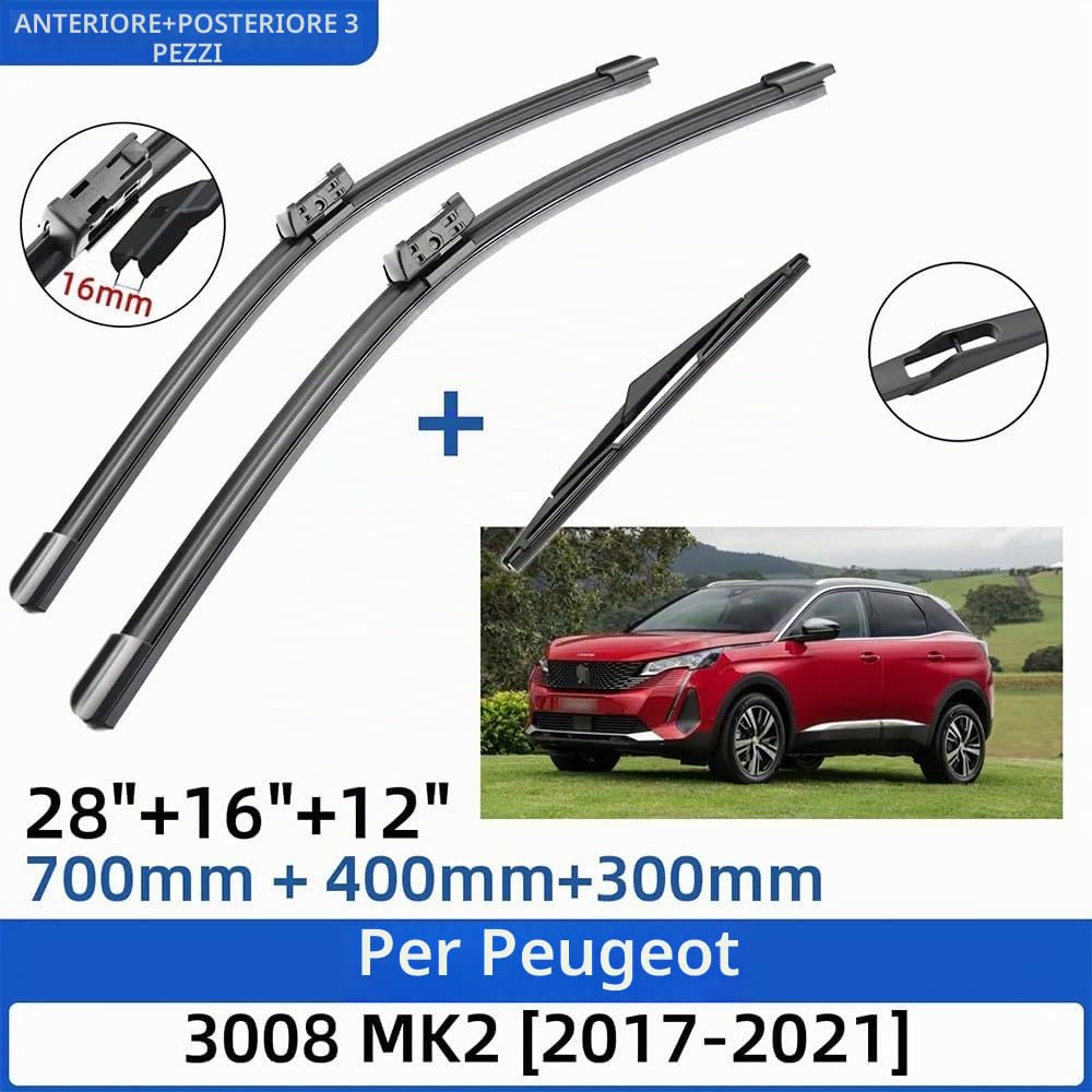 Qualità OEM Parabrezza Parabrezza Tergicristallo Set Anteriore Lunotto Posteriore Kit for Peugeot 3008 MK2 2017 2018 2019 2020 2021 Tergicristalli 28" e 16" e 12" Vestibilità perfetta per parabrezza