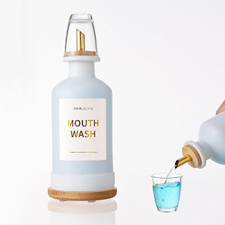 浴室用玻璃制漱口水分配器 11盎司 漱口架 附带不锈钢注水口 醒酒器 附带竹制支架 可替换的杯子 硅胶基底 可重复使用的漏斗 金色贴纸