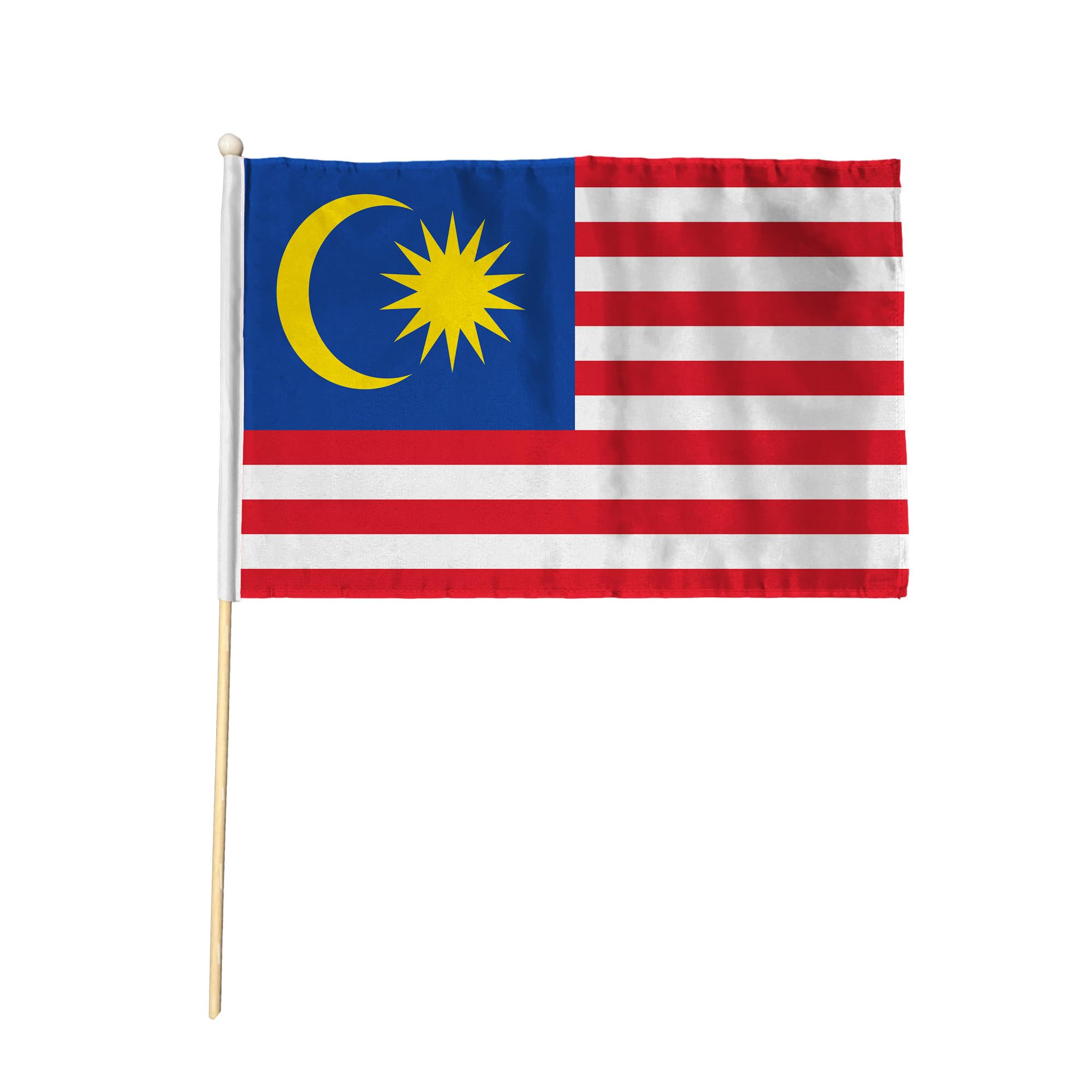 Flagtex Malaysia Pack of 12 Hand Waving Flag (18x12 Inch Large) - Premium Wooden Stick Hand Flag Big Size Natural Wood Pole Malaysian National Flag Events Parades Celebrations International Sports