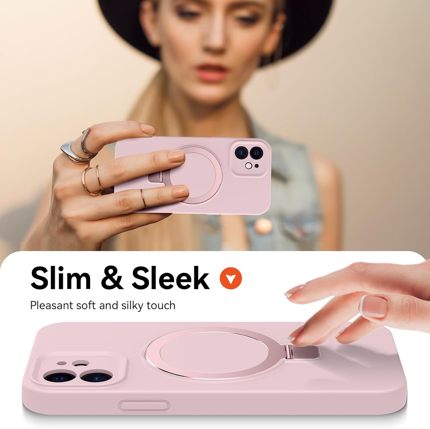 Compatible with iPhone 12 Case with Stand, Premium Slim Soft Liquid Silicone Phone Cases for iPhone 12 6.1" Compatible with MagSafe Magnetic Ring Kickstand Case Full Camera Protection, Pink