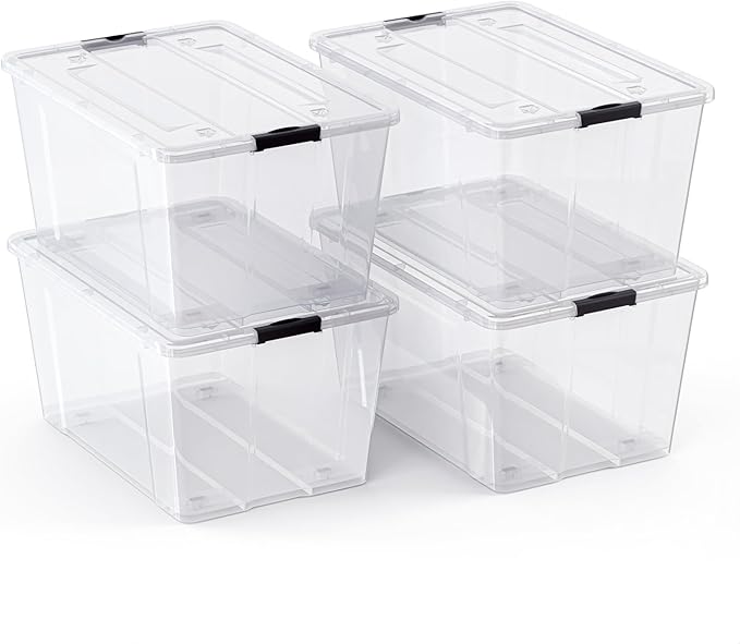 Lifetime Appliance Parts 4 Pack - 75 Qt. Plastic Storage Bin Tote Organizing Container with Ultra Durable Lid and Secure Latching Buckles, Stackable Extra Strength Clear with Black Handle