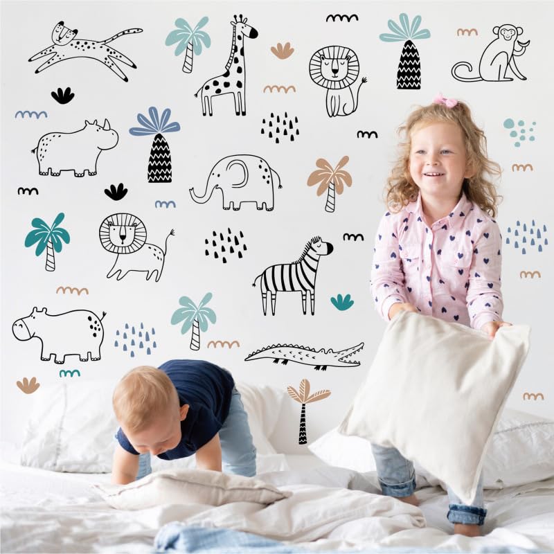 Image of Kids Jungle Safari Wall Stickers for Kids Room - 4 Sheets 39 Pcs Cartoon Animals Nursery Wall Decals Lion Giraffe Elephant Zebra Monkey Peel and Stick Wall Art for Baby Bedroom Playroom Nursery Decor