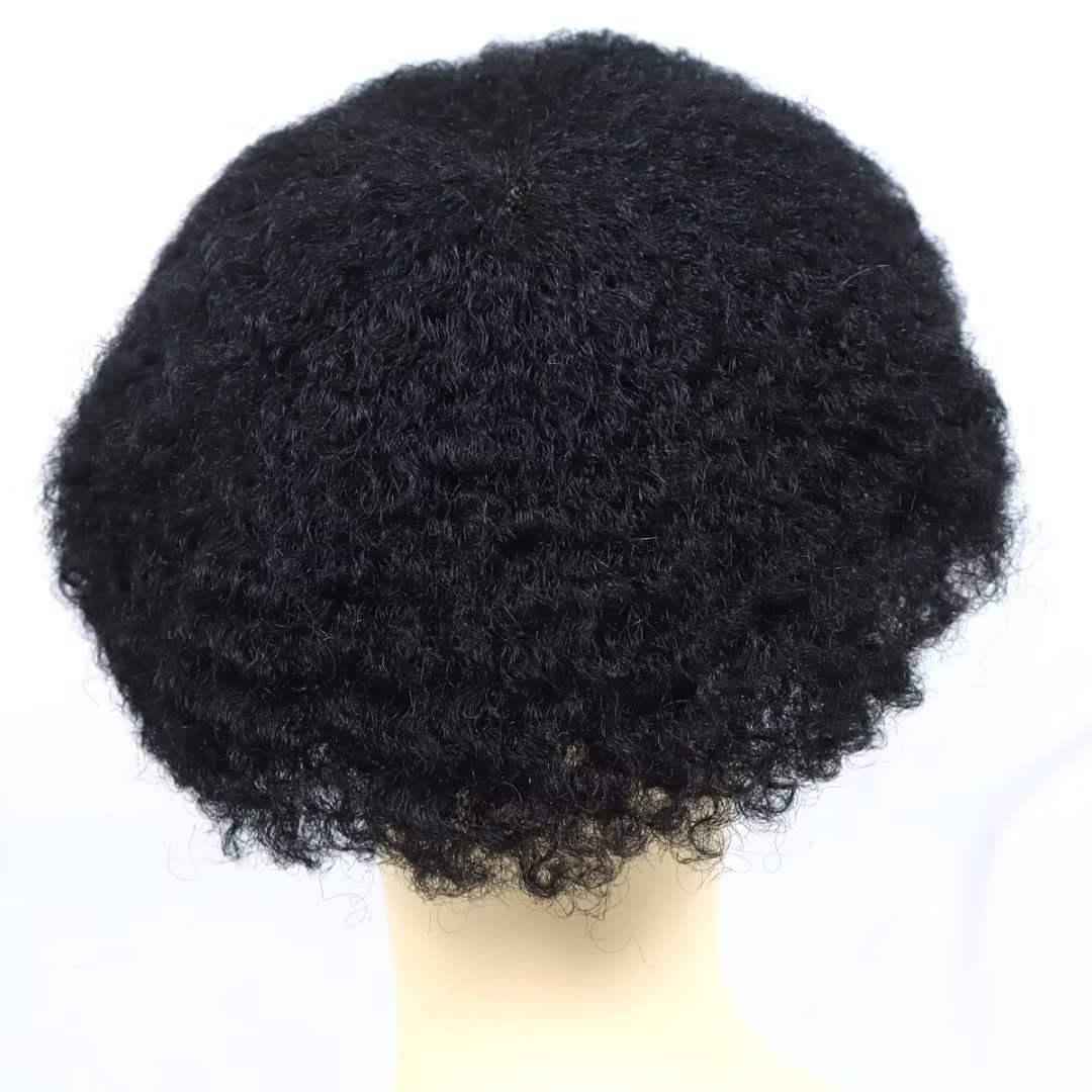 HAPPY&CC Men Unit Real Human Hair Afro Curl Toupee for Black Men French Lace Kinky Curly African American Mens Wigs Hair Replacement System 6mm #1 Jet Black 8x10 Inch