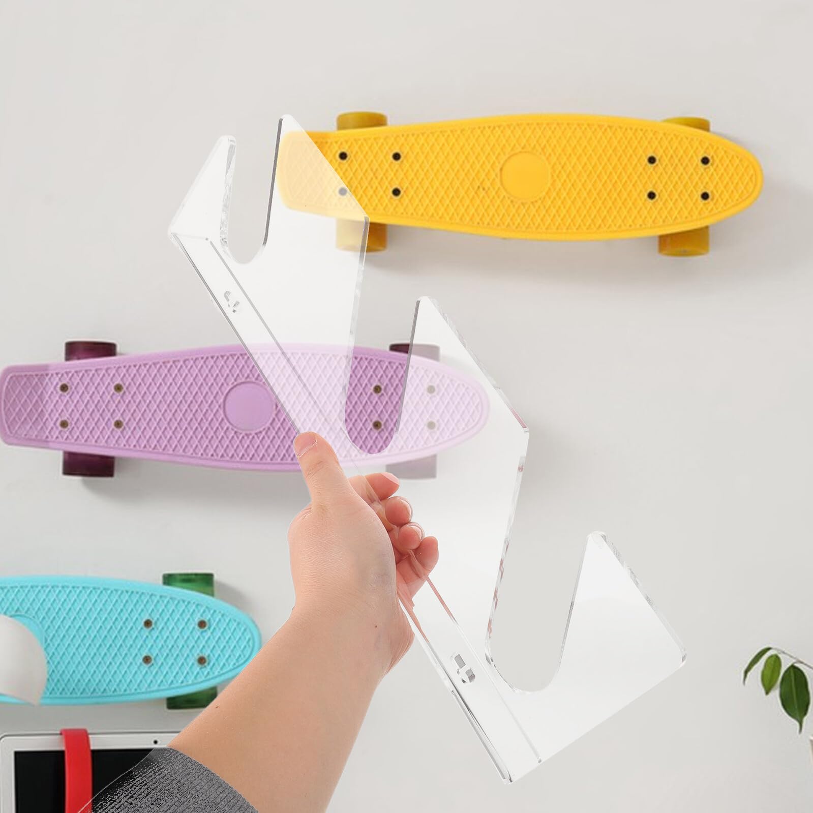 Support Mural Acrylique Transparent à 3 Niveaux pour Skateboards et Snowboards, Porte-Skis Horizontal Compatible Planches Jusqu’à 5 Cm D’épaisseur, Lot de 2 Pièces, Rangement
