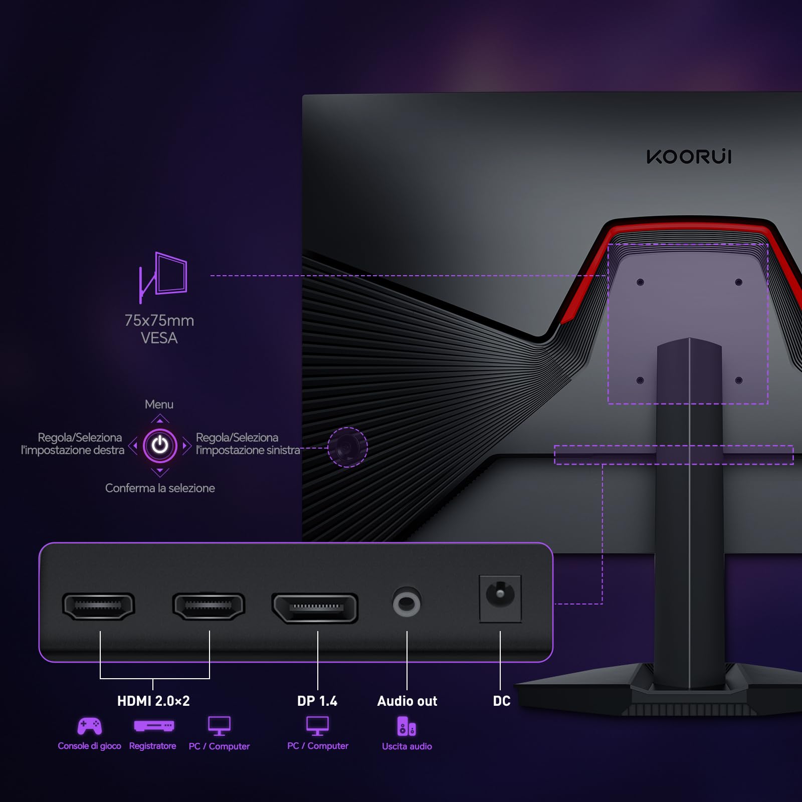KOORUI 27" Gaming Monitor 200Hz Fast IPS QHD PC Schermo 1ms HDR400 HDMI/DP | Adaptive Sync, DCI-P3 95%, SRGB 99%, Inclinazione Regolabile, QHD 2560x1440,VESA 75x75mm, per lavoro d'ufficio o per giocare