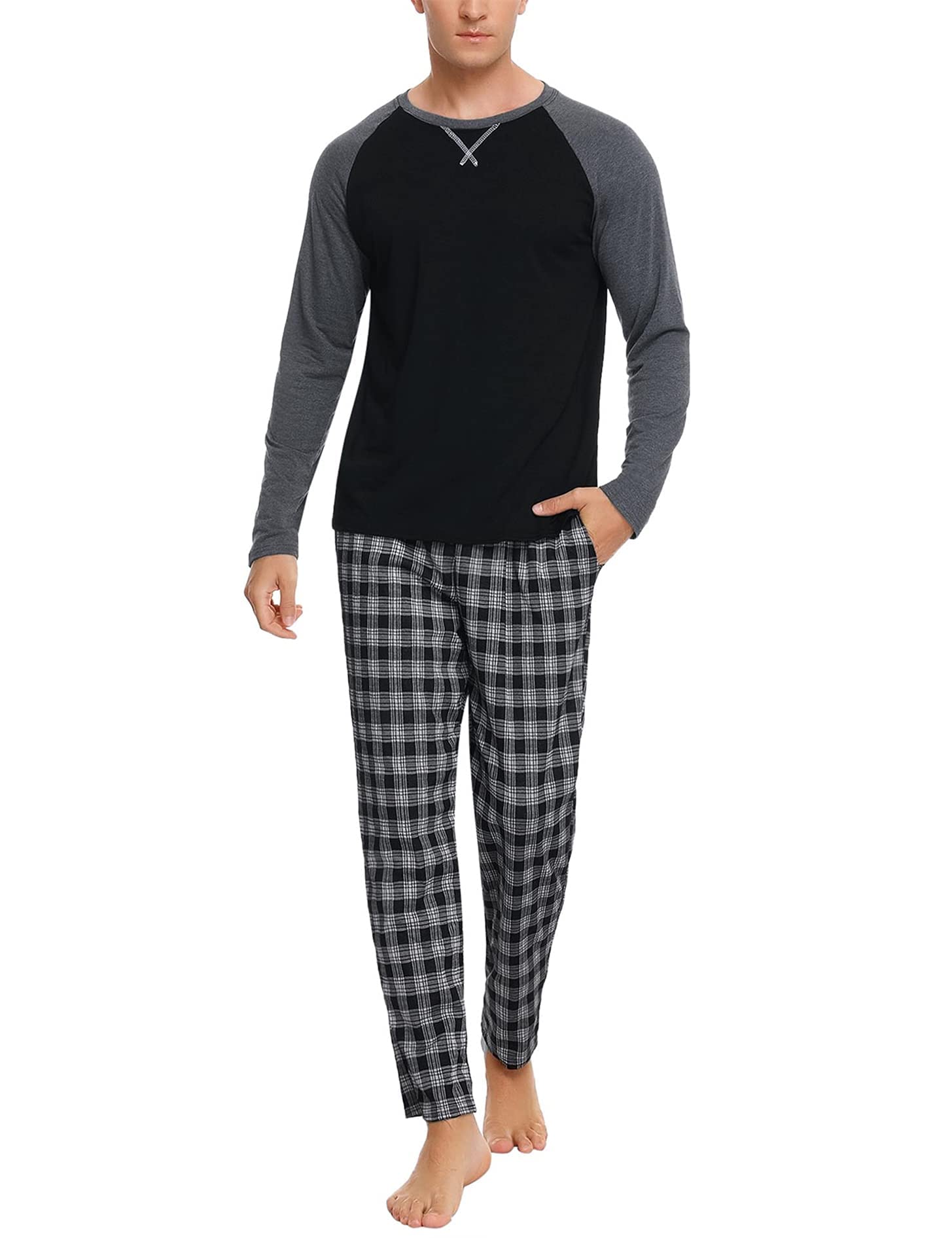 Litherday Men's Pyjamas Sets Cotton Long Sleeve Nightwear Sleepwear Pjs Set Soft Top & Pla...