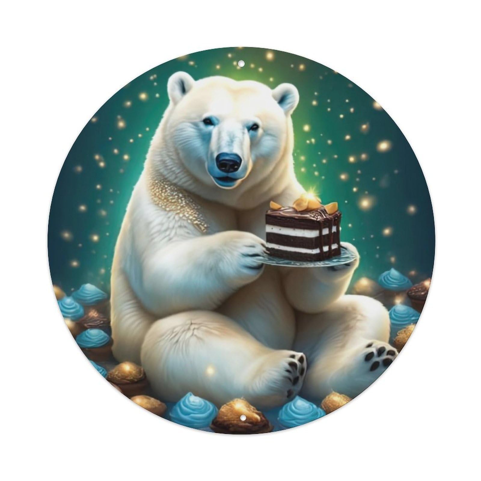 Animal Artwork Polar Bear for Eating Cake Vintage Metal Tin Sign Plaque Wall Decor for Cafe, Club Bar, Office, Garden Metal Poster 8x8Inch