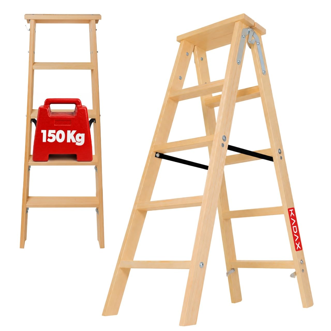 KADAX Escalera de madera plegable de 5 peldaños con gancho de acero, escalera de caballete para pintura, escalera doméstica