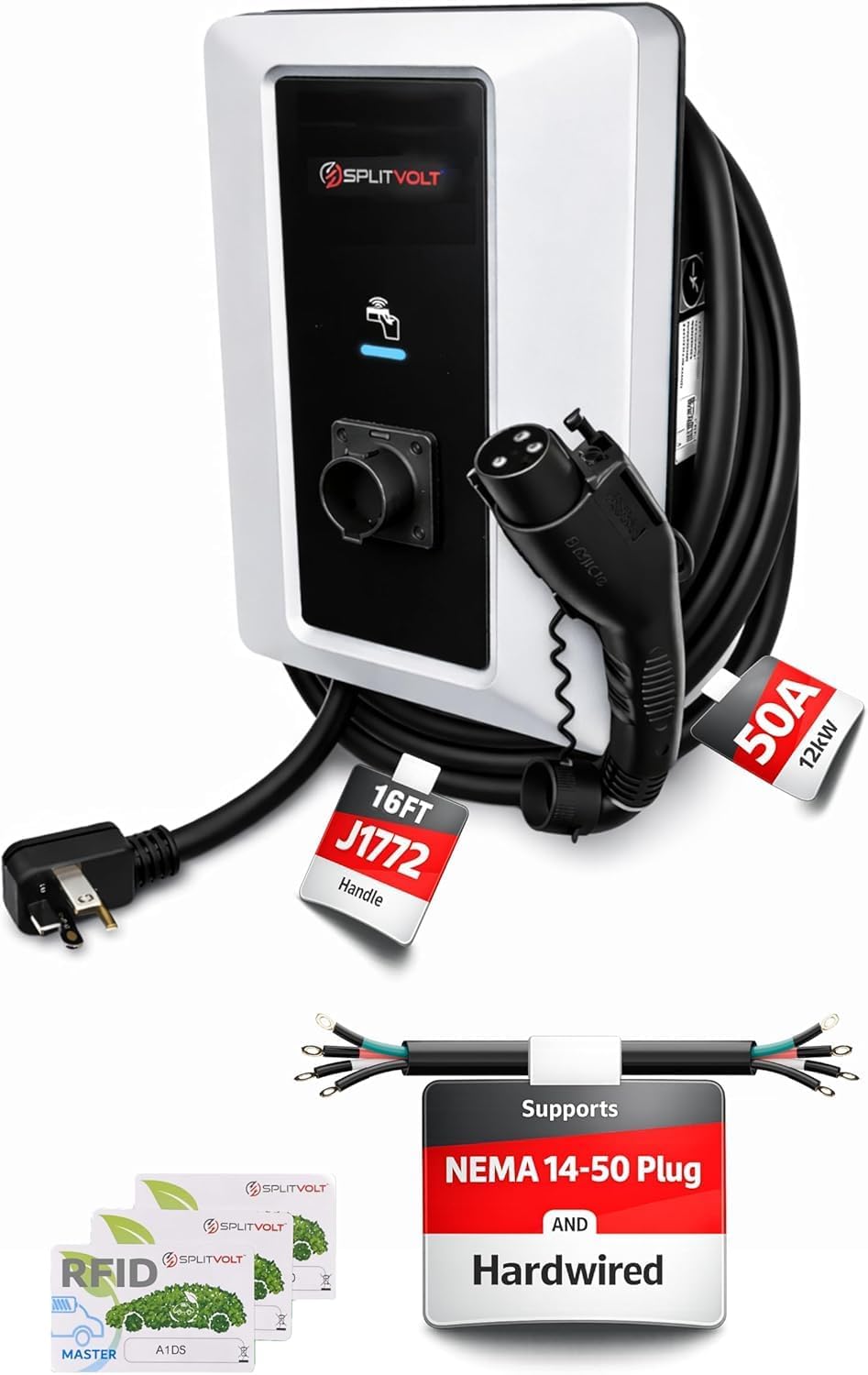 Splitvolt Level 2 EV Charging Station, Indoor/Outdoor 50A (Hardwired) charging/40A (NEMA 14-50), RFID Authentication, US Support, 16ft Cable, J1772