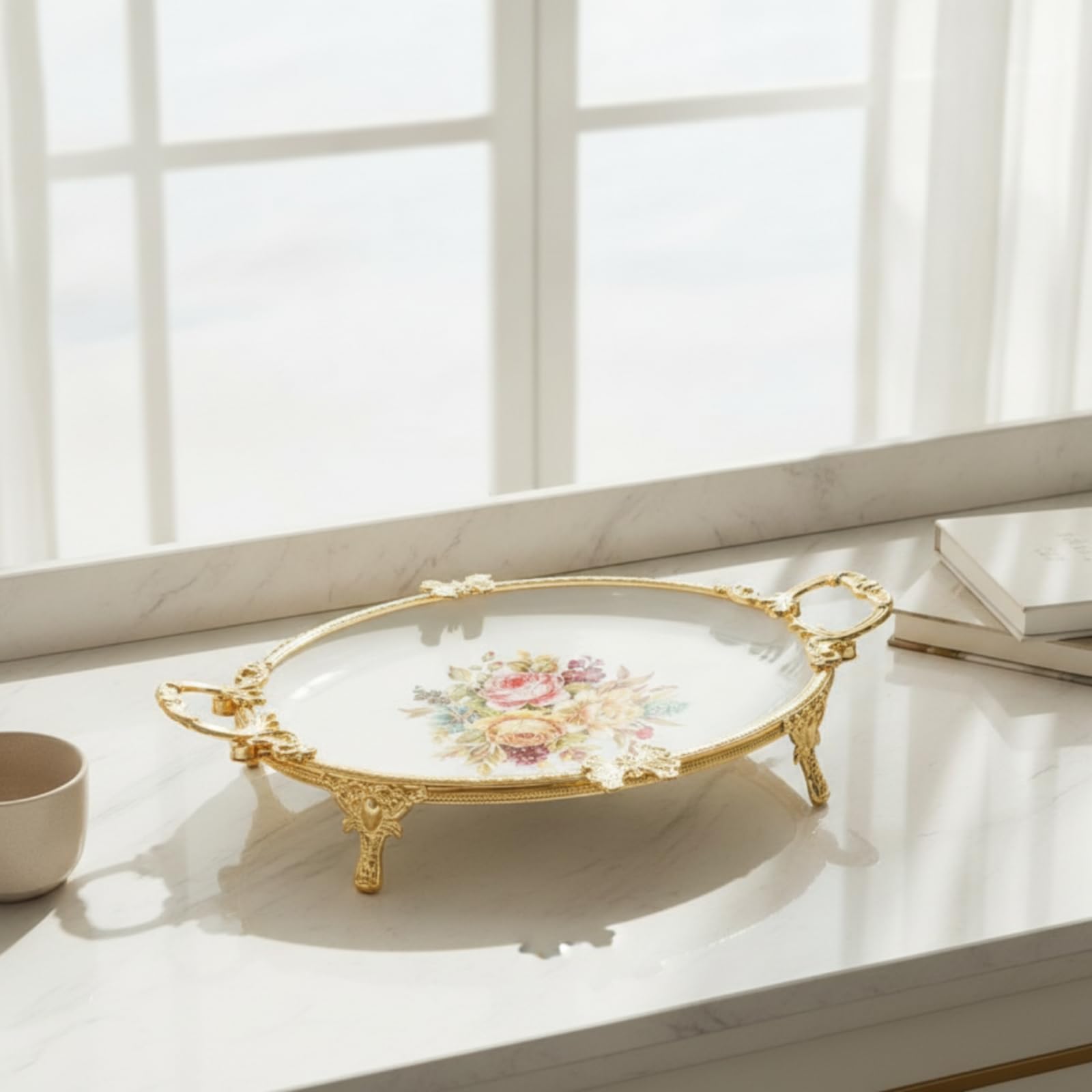 Piatto Industriale Vassoio Ceramica Vassoio Portata Vassoio Ovale Alzata Decorativa con Struttura Farfalle Maniglie, Oro, Ovale 45 Cm, Oro con Motivo Floreale Blu