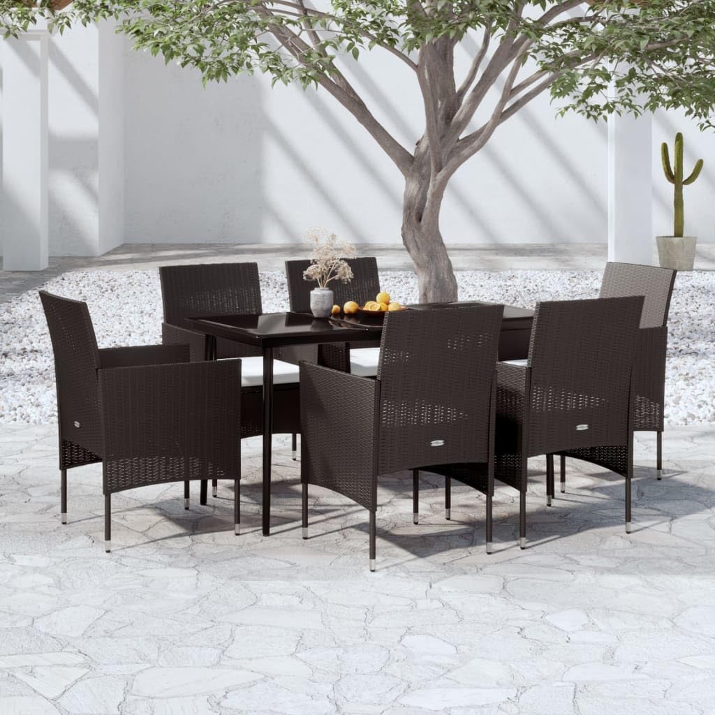 7-TLG. Set da pranzo da giardino nero con cuscino, in rattan PE impermeabile, telaio in acciaio, tavolo da pranzo e 6 comode sedie per terrazza, balcone