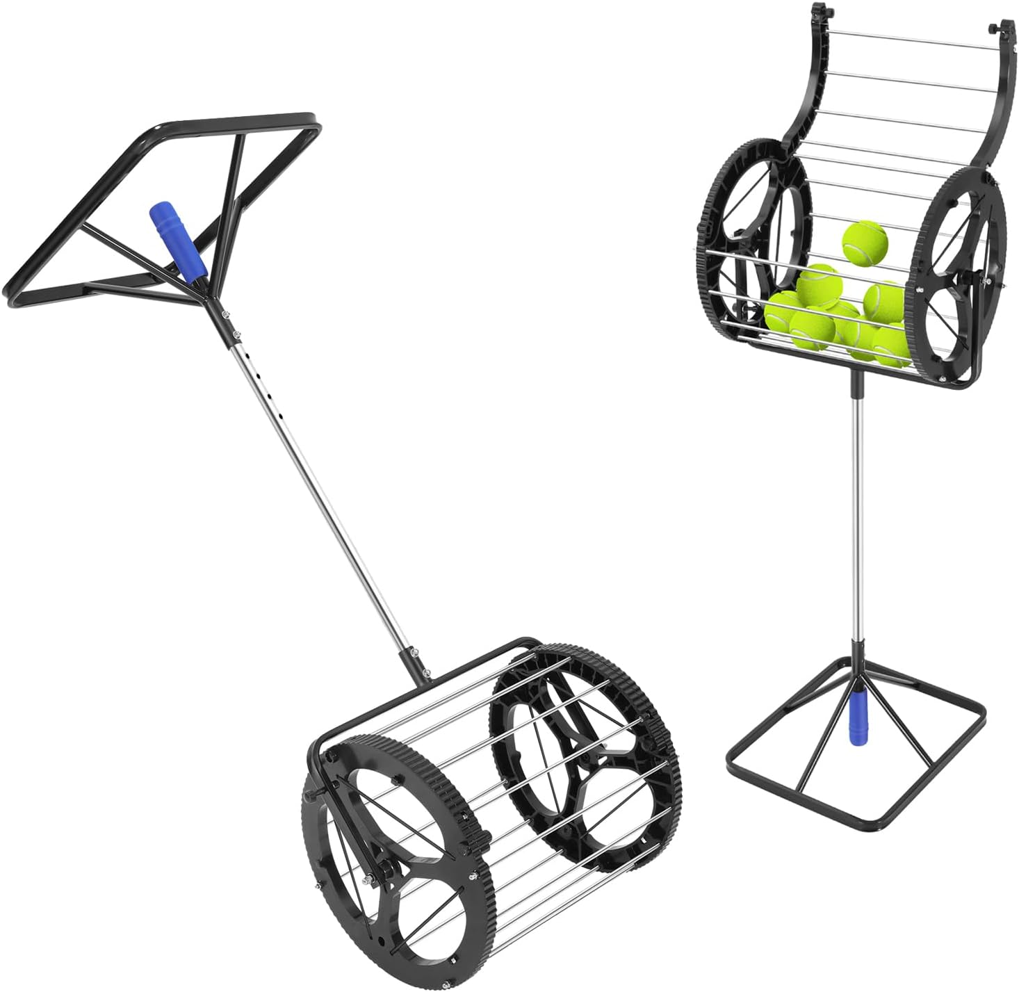 Tennis Ball Picker, Tennis Ball Collector Roller, No Bending Over Quick Rolling Picker, Metal Tennis Ball Hopper with Wheels, Up to 80 Tennis Balls Hopper Pickup for School, Club, Court
