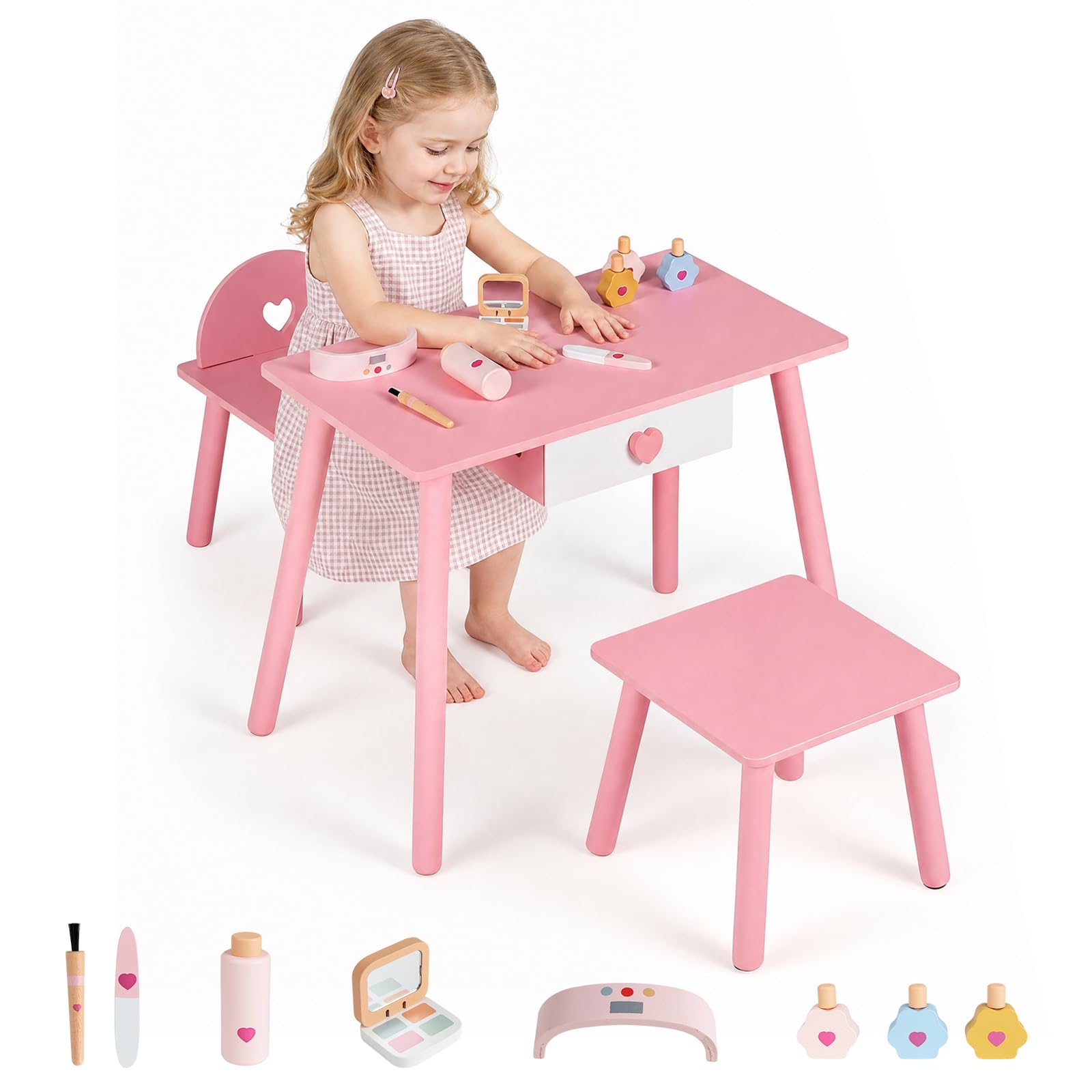 GOPLUS Mesa Tocador Infantil con Silla, Taburete y Juguetes de Manicura