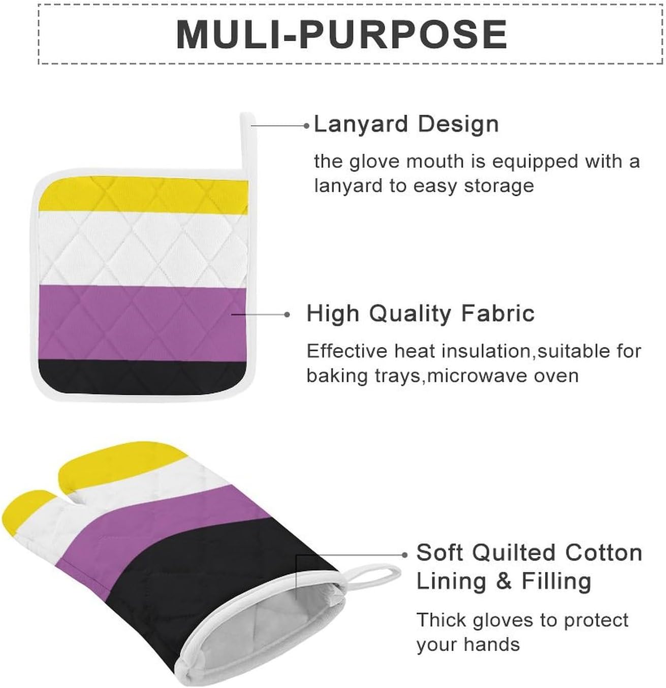 Non-Binary Community Flag Print Oven Mitts and Pot Holders 3 Piece Sets Heat Resistant Gloves Hot Pads Potholders for Kitchen Baking Cooking