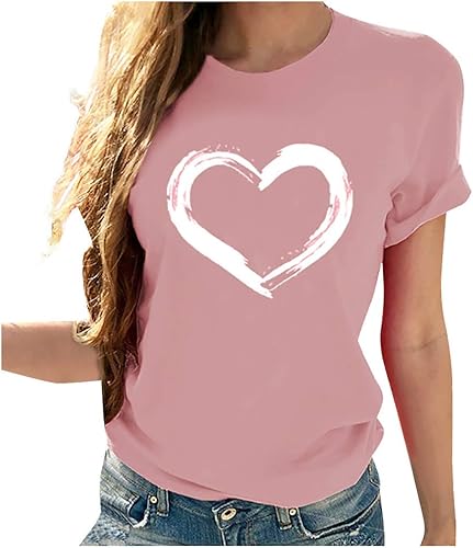 Camiseta de manga corta con estampado de corazón para mujer, ajuste regular, linda y divertida ropa de regalo 2023,