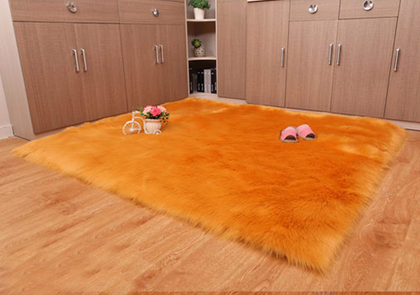 Deluxe Super Soft Faux Sheepskin Chair Cover Seat Pad Square Fur Shaggy Area Rugs for Bedroom Sofa Floor Gold,3ftx3ft