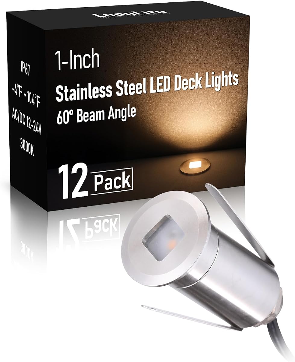 LEONLITE Paquete de 12 luces empotrables de bajo voltaje de 3000 K con apertura cuadrada plana | Luz LED para escaleras de paisaje, 1 pulgada, 12-24 V CA/CC, CRI90, resistente al agua IP67, carcasa de acero inoxidable, blanco cálido, plateado