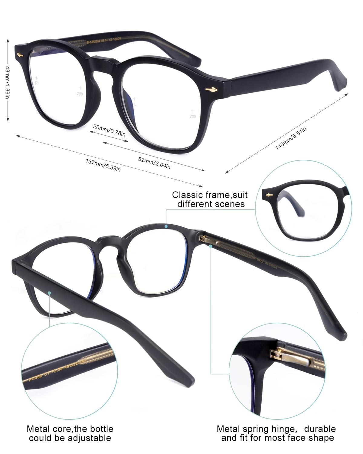 OKH Gafas de Lectura Multifocus Progresiva Fotocrómica Bloqueo de luz Azul Para Hombres Mujeres Rectángulos Bifocales Eyewear Readers con Bisagra de Primavera Negro 2.0
