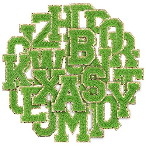 Winrase 26pcs Chenille Letter Patches Original Iron on Letters for Clothing A-Z Gold Glitter Varsity Fuzzy Letters Patches Towel Adhesive Embroidered Letter Patches for Clothes,Bag,Hat (Green) Cover