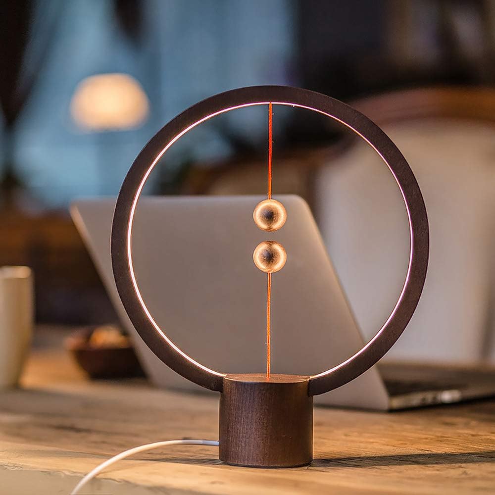 Magnetic Lamp, Creative Smart Balance Lighting Lights LED Round Desk Lamp Levitating Magic Floating Balls Switch USB Powered Lamps Decoration for Bedroom, Bedside, Home, Office (Dark Wood)