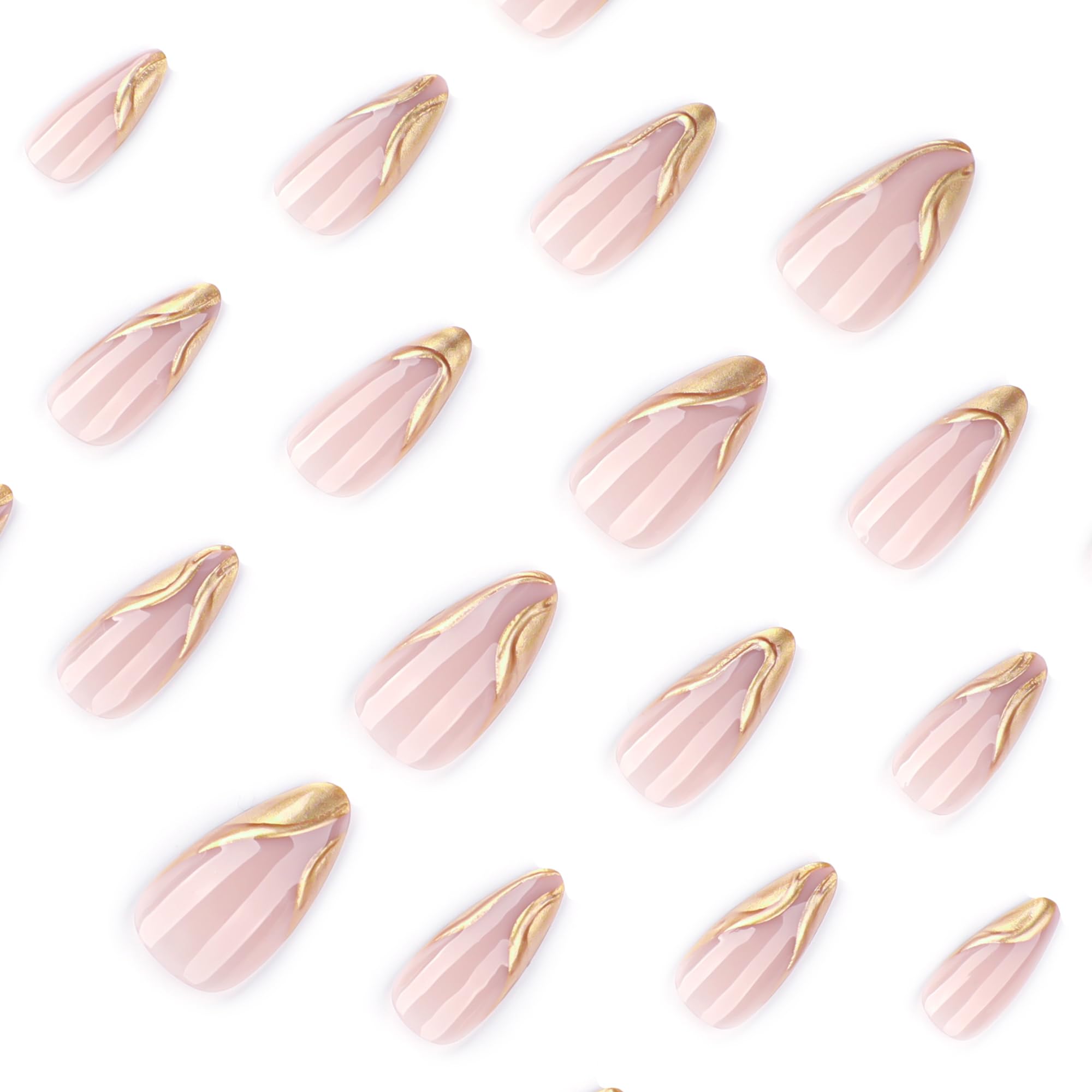 KaleidNail Nude Almond Press on Nails 24 PCS Glossy Gold False Nails Medium Length Fake Nails Full Cover Stick on Nails Art for Women and Girls Daily Decoration - Image 4