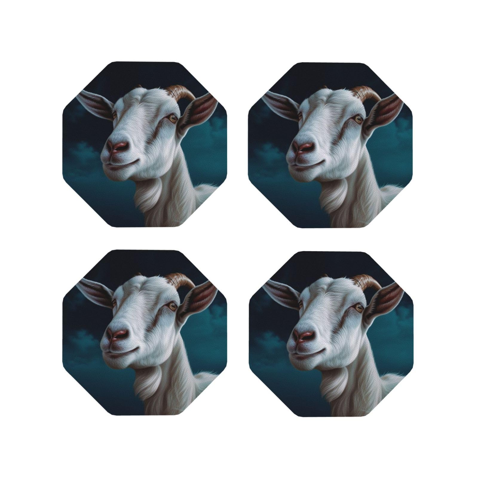 4Pcs PU Leather Coaster for Drinks, Goat Cup Coastersr 4" Cup Mat Pad, Aesthetic Drink Coasters for Coffee Table, Octagon Coaster for Tabletop Protection
