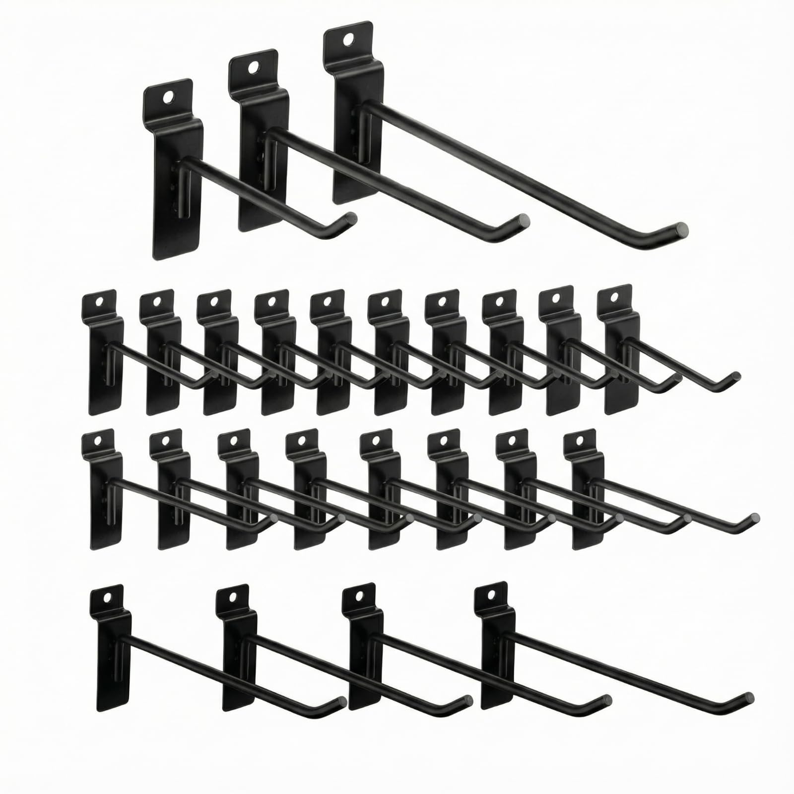 Ferraycle 24 Pack Slatwall Hooks 4/6/8 Inch Heavy Duty Slat Wall Hanging Hook and Hanger Slatwall Panel Accessories Assortment Display Hooks for Garages, Sheds, Basements, Shop, Retail Stores(Black)