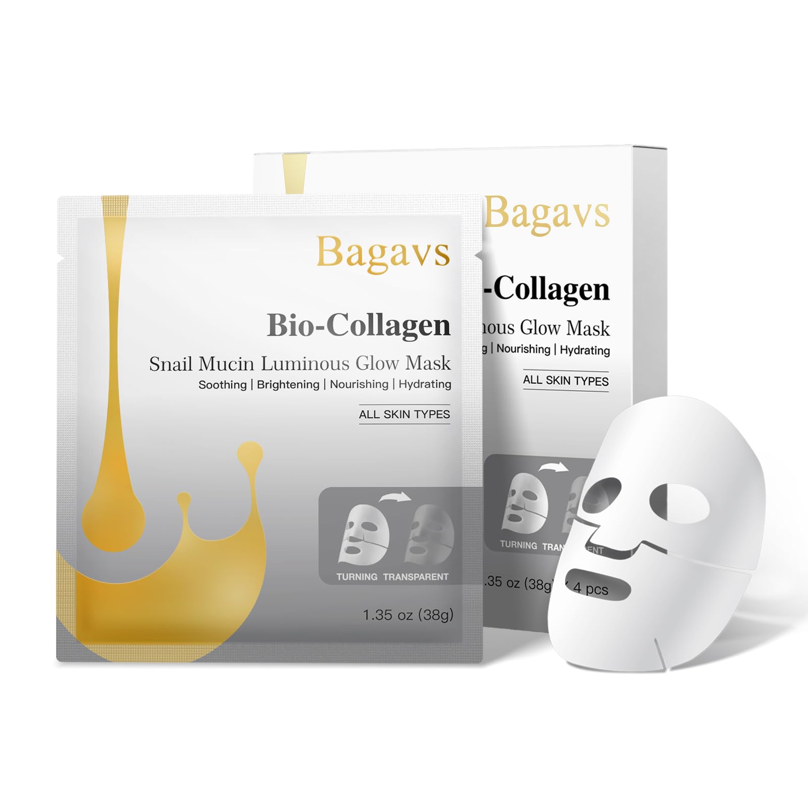 Bagavs Maschera Viso Bio-Collagene e Bava di Lumaca, Maschera Illuminante Idratante Lenitiva e Nutriente per Pelle Luminosa, Confezione da 4 - 2