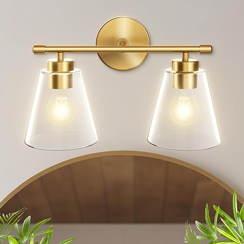 Miniatura 25 de Hamilyeah Lámparas doradas para tocador de baño sobre el espejo, 3 luces de tocador de cristal transparente, accesorios de iluminación industriales