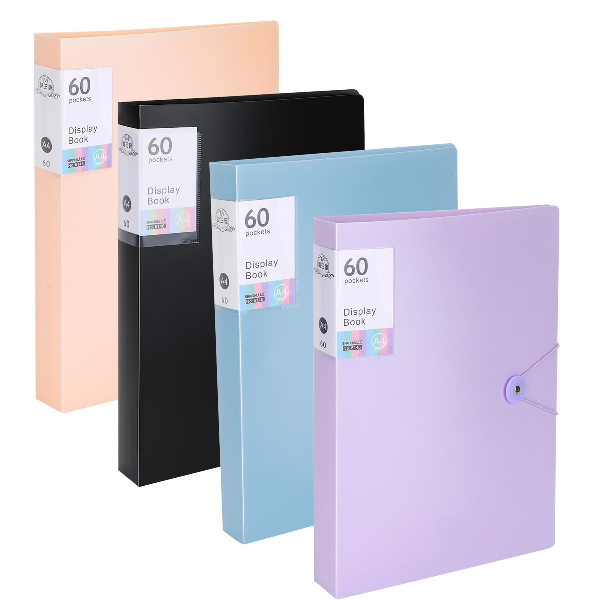 WeeGoo 4 PCS 60 Pockets Display Folders A4, 4 Colors Display Book Folder with Plastic Sleeves and Safety Rope, Presentation Folders for Offices Home
