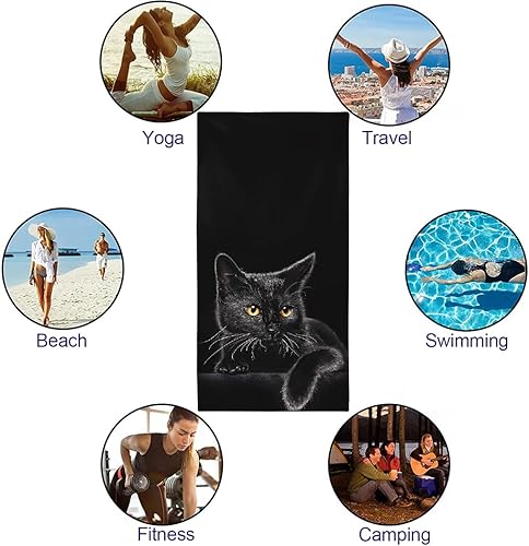 Miniatura 7 de Toalla de playa de gato negro, con temática de animales realistas, microfibra de secado rápido y libre de arena de 36 x 72 pulgadas, para viajes,