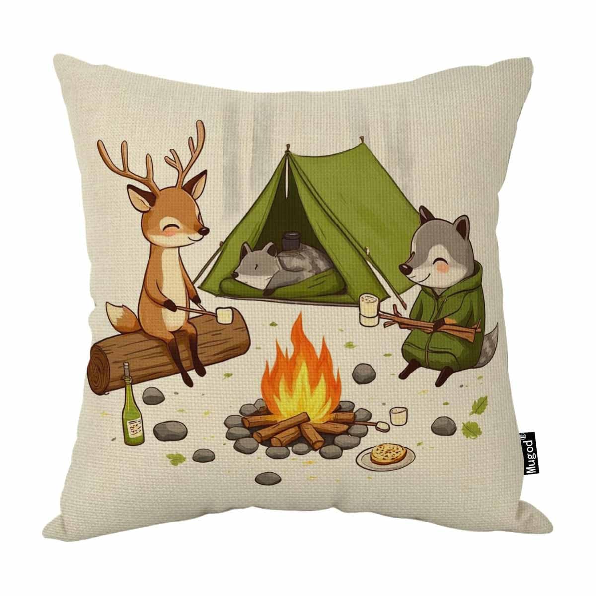 Mugod Camping Animals Throw Pillow Cover Tree Deer Fox Tent Bonfires Outdoor Adventure Decorative Pillow Cases Square Cotton Linen Cushion Cover for