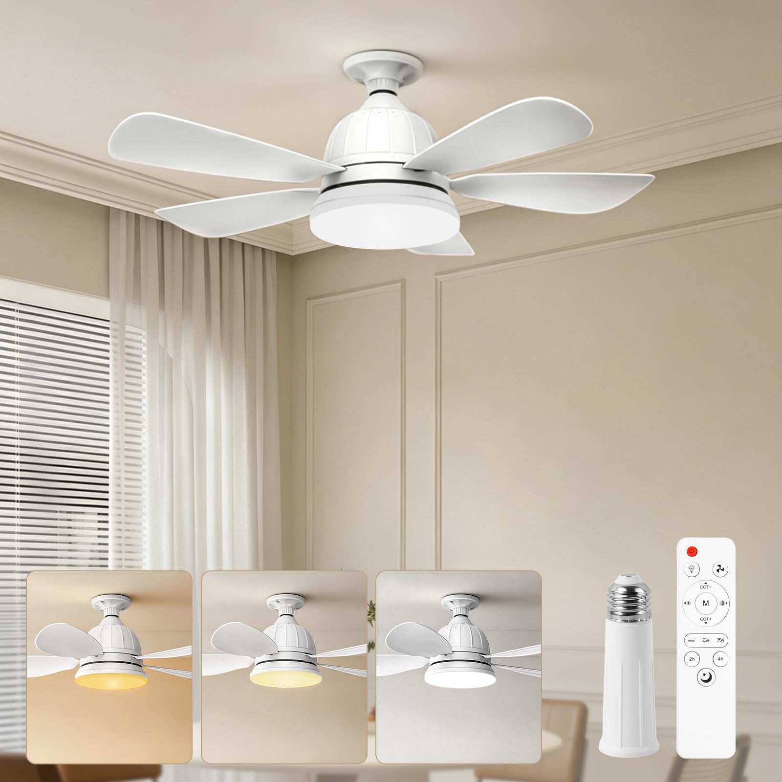 Deckenventilator mit Beleuchtung Leise, Deckenventilator mit Licht | Deckenleuchte mit Ventilator mit Fernbedienung, 3 Windstufen, Dimmbar, Timing Funktion, für Schlafzimmer (46CM)