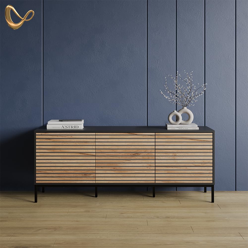Livinity Lowboard Aterno Goldkraft Eiche/Anthrazit | mit 3 Schubladen
