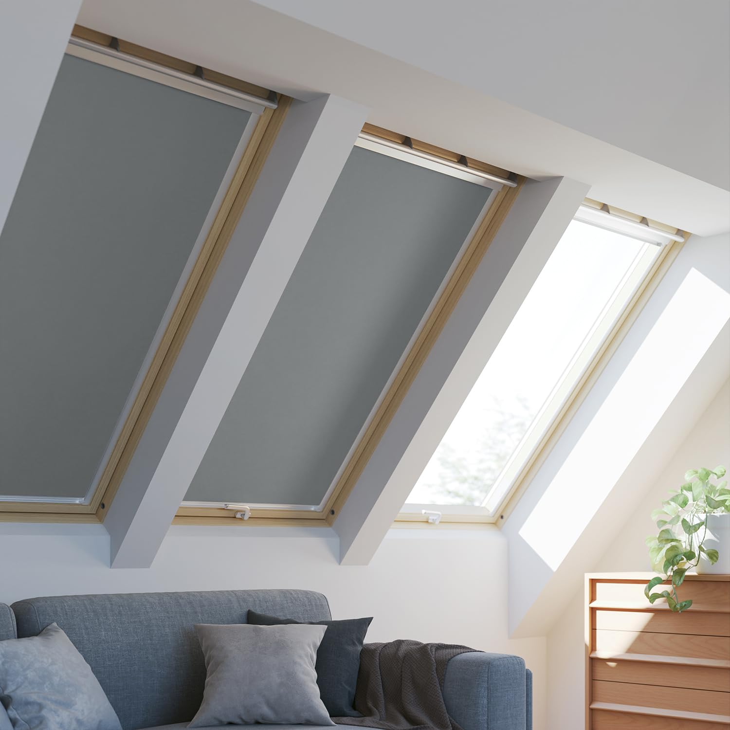 Tenda oscurante senza fori compatibile con VELUX PK06, Grigio | Installazione senza fori, posizioni aperte/chiuse