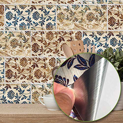 Hiser Kitchen Bathroom Wall Tile Stickers, 20 * 10cm DIY Rectangle Decals Vintage Royal Rusty Gold Sticker for Kitchen Living Room Bathroom Home Decor Self-Adhesive (Royal flower,9pcs)