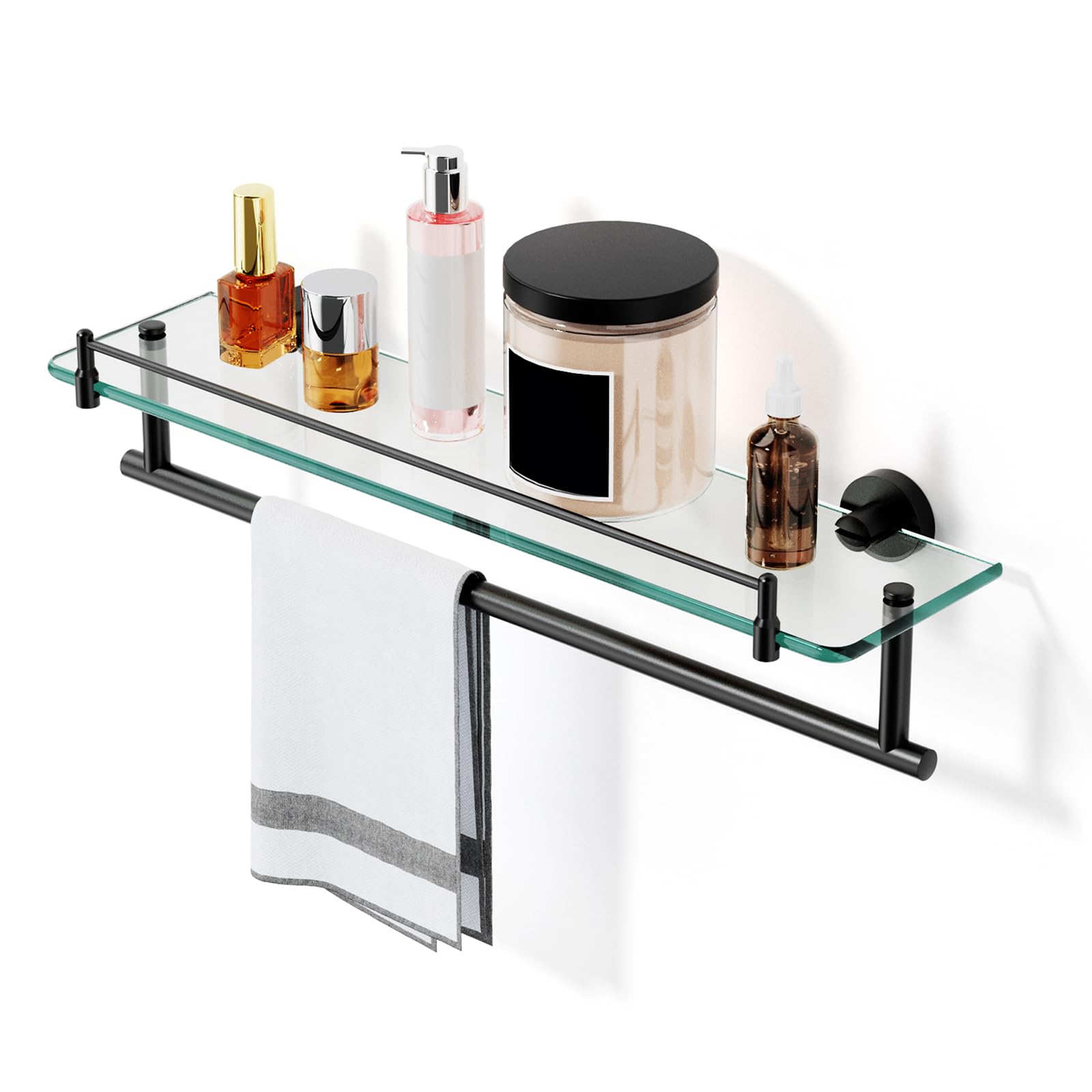 KOCOK 20-Inch Tempered Glass Bathroom Shelf with Towel Bar - Matte Black & Stainless Steel, Wall Mount Rustproof Tower Rail with Shelves — image 1