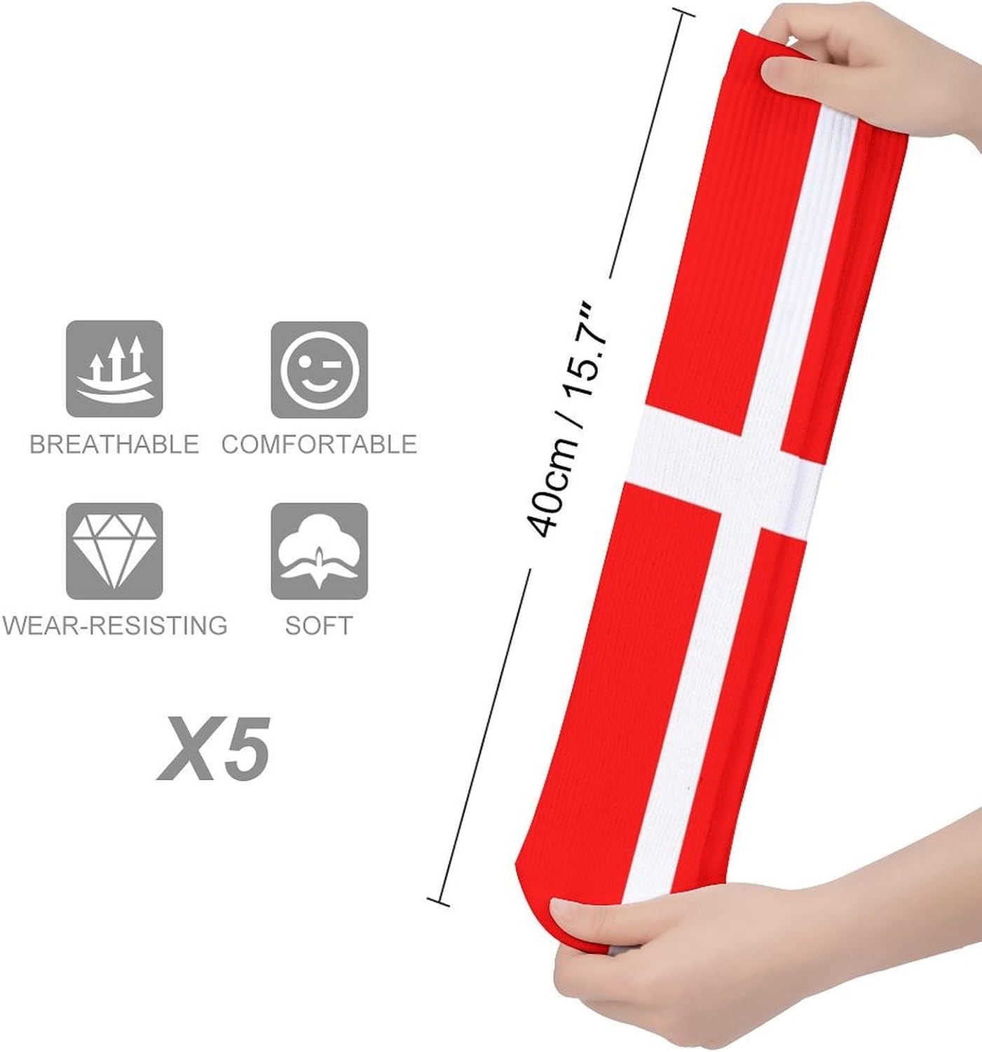 5 Pairs Knee High Socks Denmark Danish Flag Long Tube Boot Seamless Toe