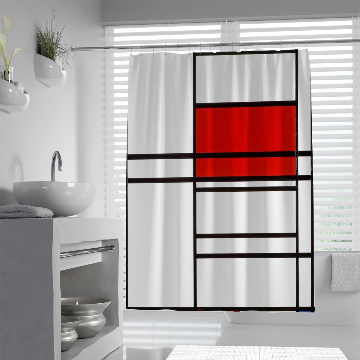 Rideau de Douche Abstrait Moderne en Blocs Rouges, Design géométrique en Grille linéaire, Rideaux de Salle de Bain en Tissu Polyester imperméable, lavables en Machine 200 x 220 cm