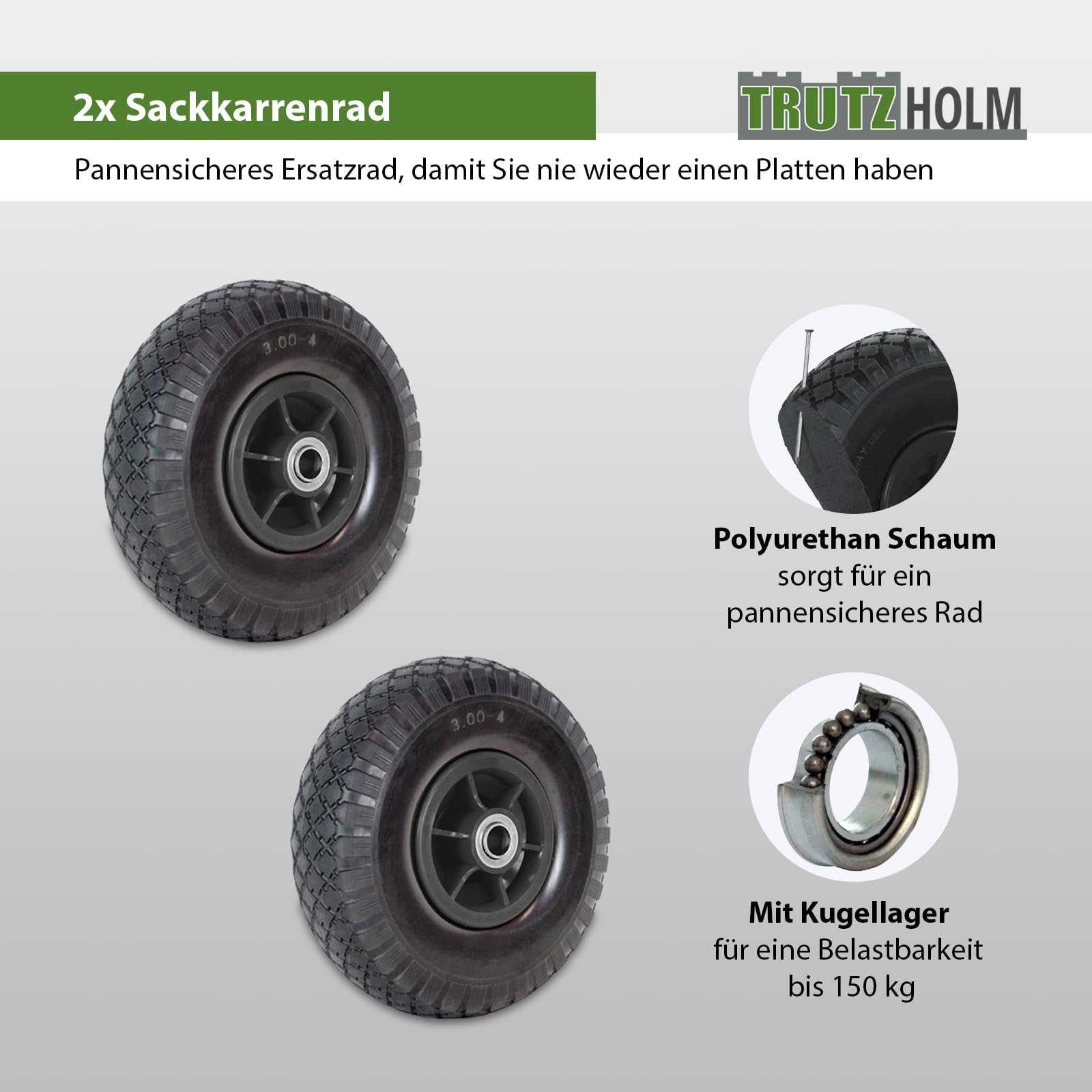 TRUTZHOLM 2x Sackkarrenrad PU-Rad 260x85 mm 3.00-4 60 mm versetze Nabe Ø 20 mm schwarz Vollgummi Bollerwagen