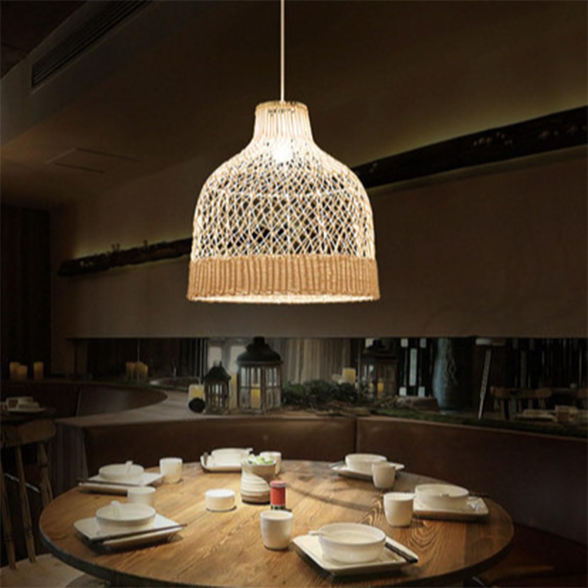 Naturalna rattanowa lampa wisząca z dzwonkiem ręcznie tkana diamentowa krata żyrandol boho wyspa kuchnia lampa wisząca do jadalni,
