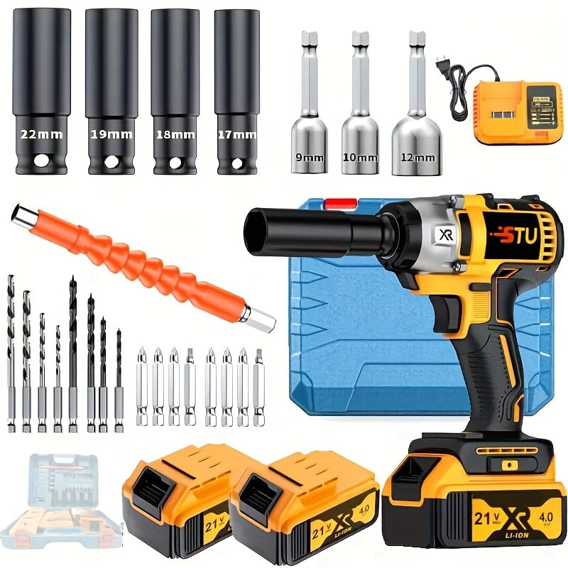 Cordless impact wrench kit, impact with charger, lithium-ion, portable, fast charger - electric tools suitable for home and car maintenance and repair use (Advanced wrench package)