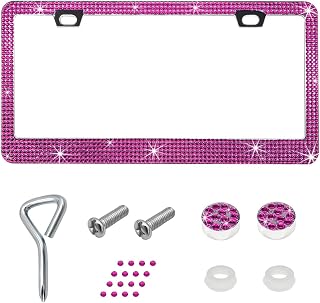 Bling License Plate Frame, Handcrafted Rhinestone License Plate Holder with Mounting Kit, Sparking Diamond Stainless Steel License Plate Cover for Women, Car Accessories (Pink)