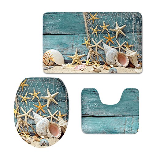 Chaqlin 3-teiliges Badezimmerteppichset, Strand, Seestern, Muscheln, Flanell-Badezimmerteppich, geformter Toilettendeckelbezug Modern Starfish-5